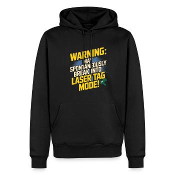 Warnung: Kann spontan in Lasertag einbrechen - Männer Premium Bio Hoodie - Schwarz - Vorne - Nico (187cm)