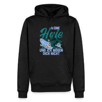 Meine Haie und ich mögen dich nicht Lustiges Hai - Männer Premium Bio Hoodie - Schwarz - Vorne - Nico (187cm)