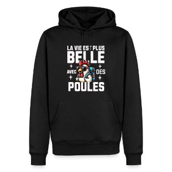 Poule Drole Femme Fille Enfant Vie avec des Poules - Sweat à capuche Premium bio Homme - noir - Devant - Nico (187cm)