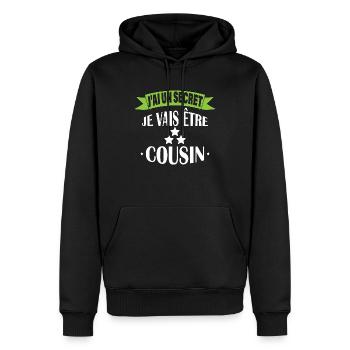J'ai un secret je vais être cousin - Sweat à capuche Premium bio Homme - noir - Devant - Nico (187cm)