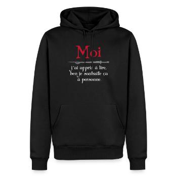 Moi j'ai appris à lire... Citation de Léodagan - Sweat à capuche Premium bio Homme - noir - Devant - Nico (187cm)