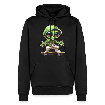 außerirdischer auf Skateboard - Grün mit Großen - Männer Premium Bio Hoodie - Schwarz - Vorne - Nico (187cm)