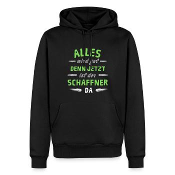 Alles wird gut denn jetzt ist der Schaffner da - Männer Premium Bio Hoodie - Schwarz - Vorne - Nico (187cm)