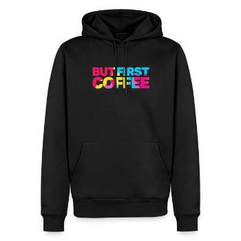 Mais d’abord Café - Dicton amateur de café rétro - Sweat à capuche Premium bio Homme - noir - Devant - Nico (187cm)