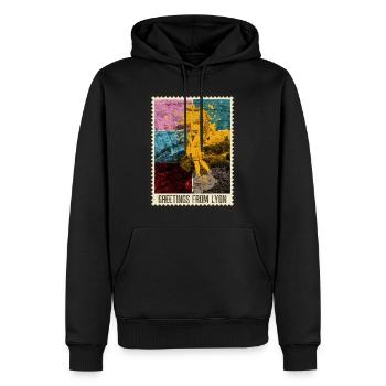 Lyon France Ville Skyline Timbre Coloré - Sweat à capuche Premium bio Homme - noir - Devant - Nico (187cm)
