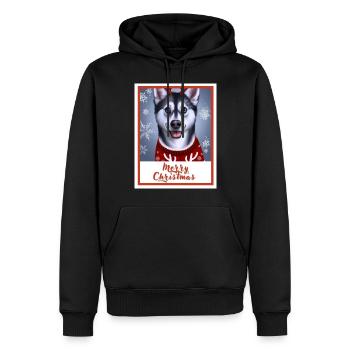 Un jeune husky aux yeux bleus en sueur de Noël - Sweat à capuche Premium bio Homme - noir - Devant - Nico (187cm)