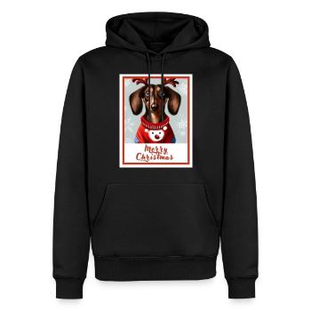 Portrait d’un teckel dans un pull de Noël rouge - Sweat à capuche Premium bio Homme - noir - Devant - Nico (187cm)