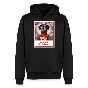 Schwarzer Zwergschnauzer im Weihnachtspullover. - Männer Premium Bio Hoodie - Schwarz - Vorne - Nico (187cm)