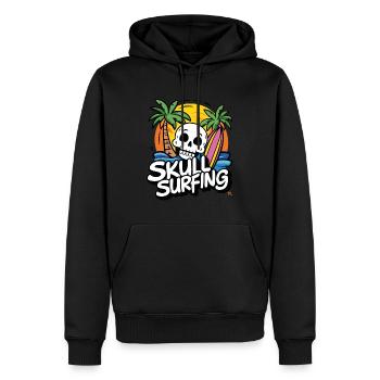 Skull Surfing - Totenkopf mit Surfbrett - Männer Premium Bio Hoodie - Schwarz - Vorne - Nico (187cm)