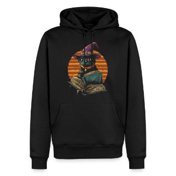 Schwarze Katze als Halloween Hexe mit Bücher - Männer Premium Bio Hoodie - Schwarz - Vorne - Nico (187cm)