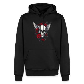 Geflügelter Totenkopf & rote Rosen, Gothic, Totenkopf - Männer Premium Bio Hoodie - Schwarz - Vorne - Nico (187cm)