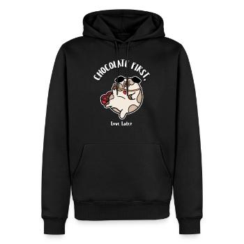 Chocolate First, Love Later - Men’s Premium Organic Hoodie - black - Front - Nico (187cm)