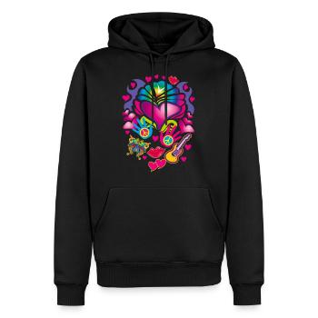 16 Amour coeur papillon guitare paix - Sweat à capuche Premium bio Homme - noir - Devant - Nico (187cm)