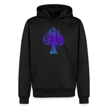 Wir sind alle wahnsinnig hier Spaten - Splatter Design - Männer Premium Bio Hoodie - Schwarz - Vorne - Nico (187cm)
