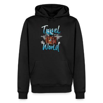 Carte du monde de voyage - Sweat à capuche Premium bio Homme - noir - Devant - Nico (187cm)