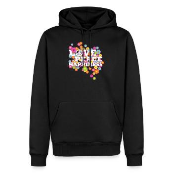 Hippie - Love Peace Happiness - Liebe Frieden - Männer Premium Bio Hoodie - Schwarz - Vorne - Nico (187cm)