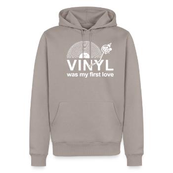 Schallplatte - Männer Premium Bio Hoodie - Taupe - Vorne - Nico (187cm)
