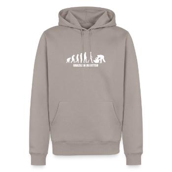 Evolution of man - Men’s Premium Organic Hoodie - taupe - Front - Nico (187cm)