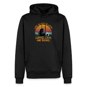 Katze Bücher Kaffee Lustige Sprüche Vintage - Männer Premium Bio Hoodie - Schwarz - Vorne - Nico (187cm)