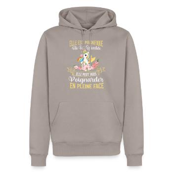 Licorne humour cadeau - Sweat à capuche Premium bio Homme - taupe - Devant - Nico (187cm)