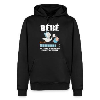 Bébé en cours de livraison - humour grossesse - Sweat à capuche Premium bio Homme - noir - Devant - Nico (187cm)