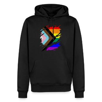 LGBTQ Progress Pride Flag Ripped Reveal - Men’s Premium Organic Hoodie - black - Front - Nico (187cm)