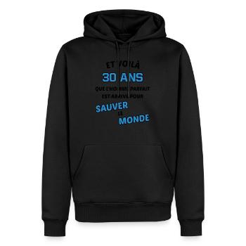 30 ans, homme parfait ! cadeau 30 ans original - Sweat à capuche Premium bio Homme - noir - Devant - Nico (187cm)