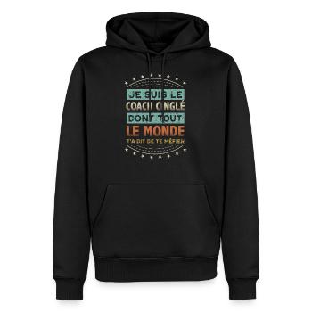 Coach Cinglé Humour Coaching Sportif Cadeau - Sweat à capuche Premium bio Homme - noir - Devant - Nico (187cm)