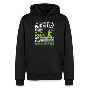 Alter Mann mit einem Tennisschläger | Tennis Shirt - Männer Premium Bio Hoodie - Schwarz - Vorne - Nico (187cm)