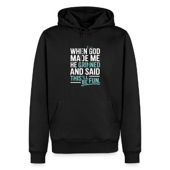 Quand Dieu m’a fait, il a souri ! - Sweat à capuche Premium bio Homme - noir - Devant - Nico (187cm)