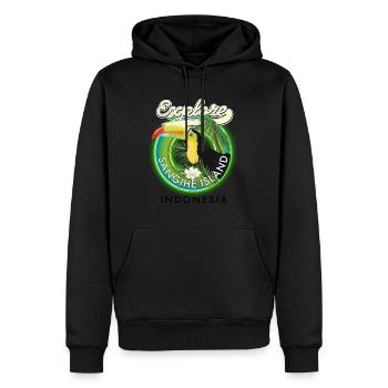 Explore Sanghie Island Indonesia travel logo - Men’s Premium Organic Hoodie - black - Front - Nico (187cm)