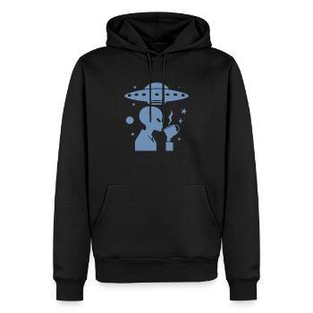 Alien-Silhouette mit Kaffee & UFO - Männer Premium Bio Hoodie - Schwarz - Vorne - Nico (187cm)