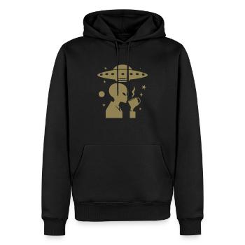 Alien-Silhouette mit Kaffee & UFO - Männer Premium Bio Hoodie - Schwarz - Vorne - Nico (187cm)