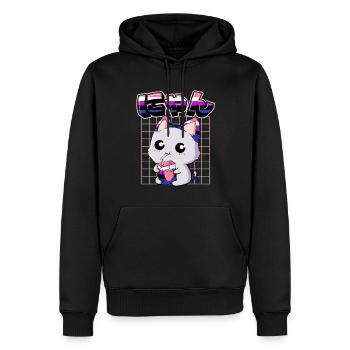 Genderfluid Stolz Kawaii Katze Erdbeermilch - Männer Premium Bio Hoodie - Schwarz - Vorne - Nico (187cm)