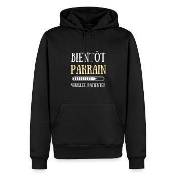 bientot parrain bébé annonce grossesse humour - Sweat à capuche Premium bio Homme - noir - Devant - Nico (187cm)