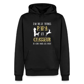 papa chasseur homme humour chasse idée cadeau - Sweat à capuche Premium bio Homme - noir - Devant - Nico (187cm)