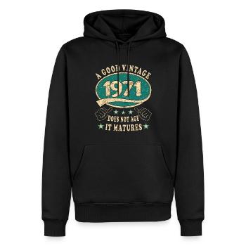 52e anniversaire 1971 52 Bon millésime - Sweat à capuche Premium bio Homme - noir - Devant - Nico (187cm)