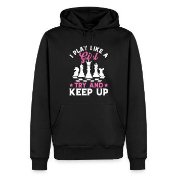 Lustiger Schachspieler Ich spiele wie ein Mädchen - Männer Premium Bio Hoodie - Schwarz - Vorne - Nico (187cm)