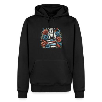 Bulldog Flower Book Reader Floral Cottagecore - Men’s Premium Organic Hoodie - black - Front - Nico (187cm)
