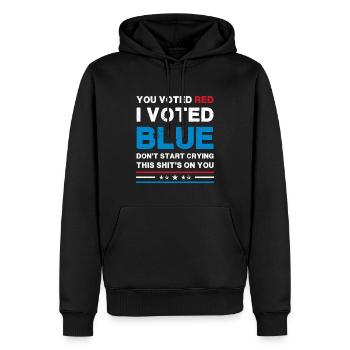 Vous avez voté rouge, j’ai voté bleu - Satire politique - Sweat à capuche Premium bio Homme - noir - Devant - Nico (187cm)