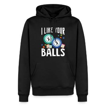 J’aime tes balles drôles de chance - Sweat à capuche Premium bio Homme - noir - Devant - Nico (187cm)