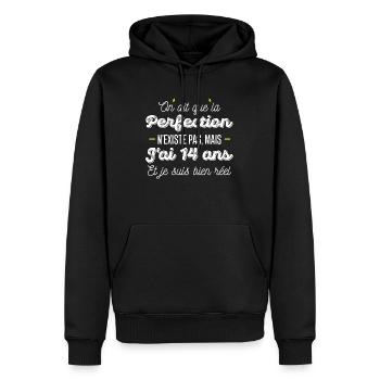 perfection 14 ans / humour anniversaire 14 ans - Sweat à capuche Premium bio Homme - noir - Devant - Nico (187cm)