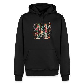 M typographie florale - Sweat à capuche Premium bio Homme - noir - Devant - Nico (187cm)