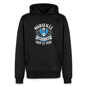 Cadeau Marseillais Humour Cœur Marseille Foot - Sweat à capuche Premium bio Homme - noir - Devant - Nico (187cm)