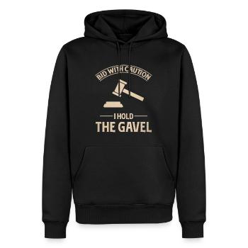 Enchérir avec prudence Je tiens le marteau - Sweat à capuche Premium bio Homme - noir - Devant - Nico (187cm)