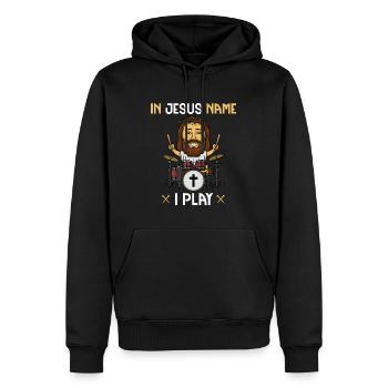 Au nom de Jésus, je joue de la musique batteur - Sweat à capuche Premium bio Homme - noir - Devant - Nico (187cm)