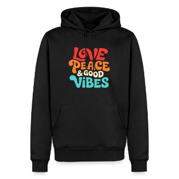 Love Peace & Good Vibe Retro Spruch - Männer Premium Bio Hoodie - Schwarz - Vorne - Nico (187cm)