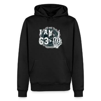 J’ai 63 ans plus 1 majeur Crâne drôle 64ème - Sweat à capuche Premium bio Homme - noir - Devant - Nico (187cm)