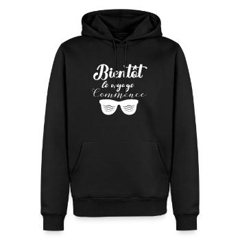 Bientôt le voyage commence - Sweat à capuche Premium bio Homme - noir - Devant - Nico (187cm)