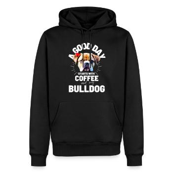 UNE BONNE JOURNÉE COMMENCE avec Coffee & Bulldog - Sweat à capuche Premium bio Homme - noir - Devant - Nico (187cm)